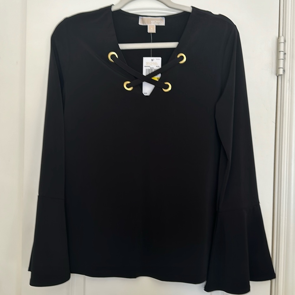 New Michael Kors, Beautiful Black V-neck top with Gold accents and Bell Sleeves.